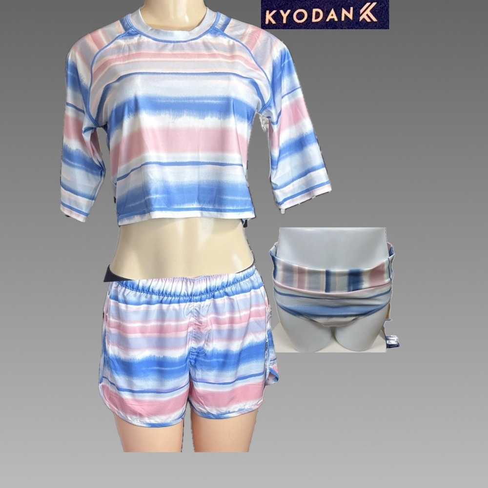Kyodan L Swim 3 Pc Set Striped Crop Half Sleeve Tee  Board Shorts Swim Bottoms